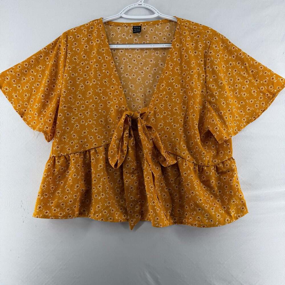 1359 XL Shein Mustard Yellow Ditsy Floral Tie Front Peplum Blouse